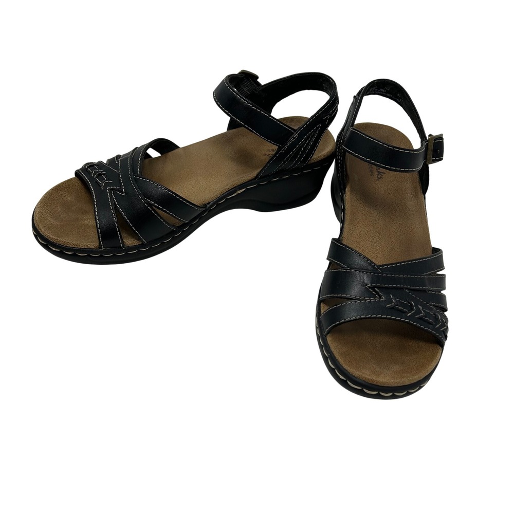 Clarks Bendables Black Leather Wedge Sandals Strappy Ankle Strap Womens 7.5 - Picture 3 of 14
